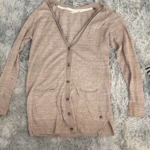 Light Taupe Longline V-Neck Button Cardigan with Pockets
